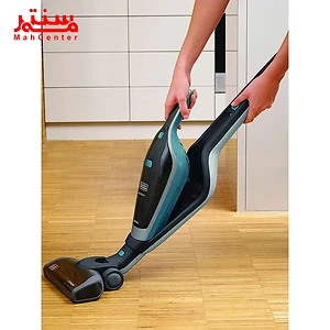 جارو شارژی بلک پلاس دکر مدل SVA420B با طراحی دوکاره ایستاده و دستی در رنگ مشکی و فیروزه‌ای.